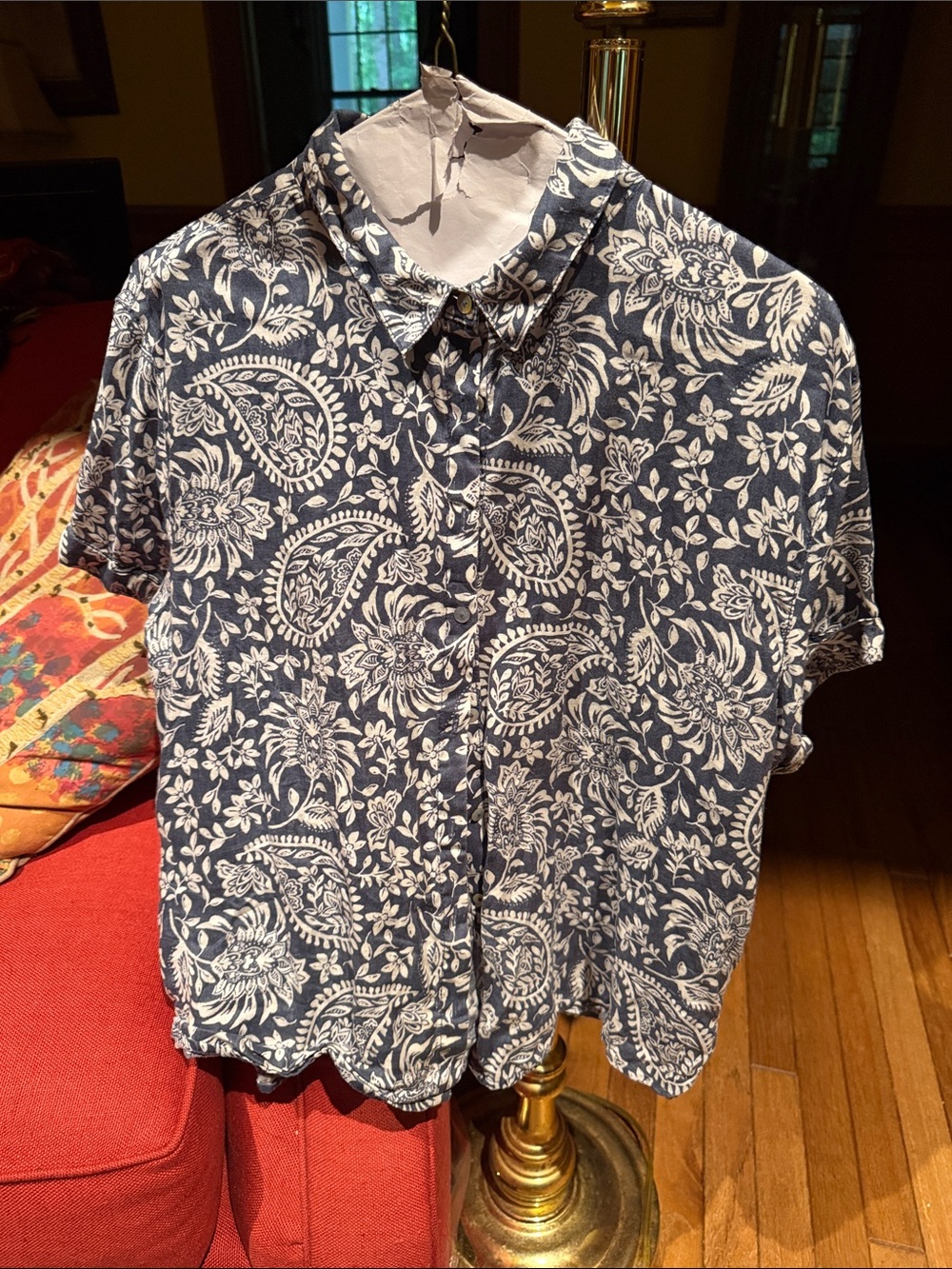 Sigrid Olsen Navy and White Floral Paisley Short-Sleeve Button-Up Shirt